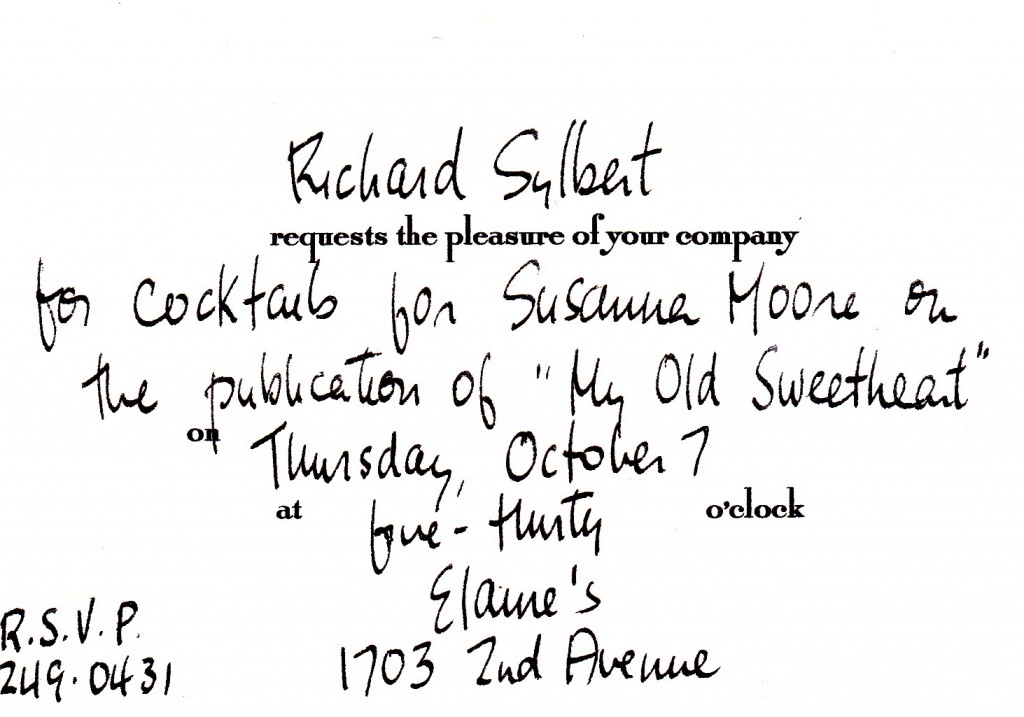 Invitation for drinks honoring Susanna Moore's book, My Old Sweetheart